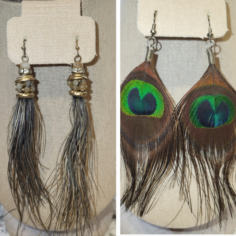 2 Pair of Real Feather Earrings Bundle Including Peacock